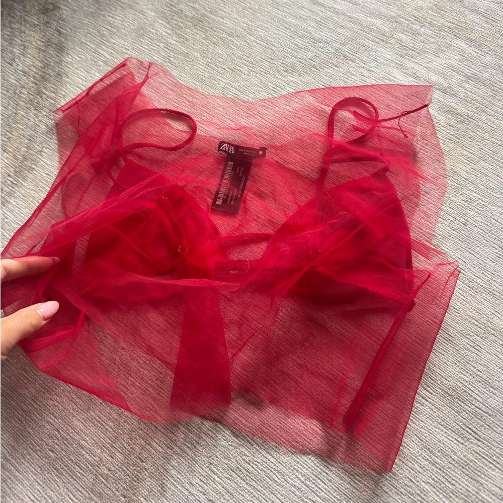 red zara sheer crop top